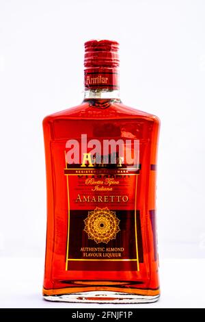 Bottle of Armilar amaretto isolated on white. Illustrative editorial photo shot in Bucharest, Romania, 2021 Stock Photo