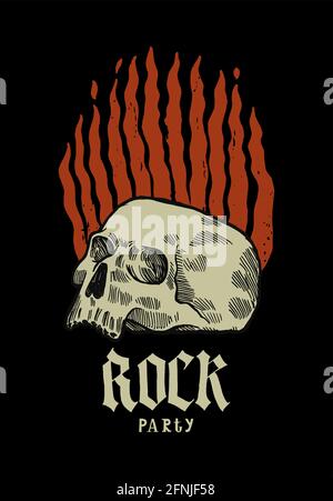 Human skull burning in fire rock music t-shirt print. Vintage occult illustration. Stock Vector
