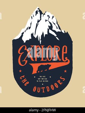 Explore the outdoors - bear in front of the ice covered mountain peak - wild nature life - vintage hiking print - distressed vector illustration Stock Vector
