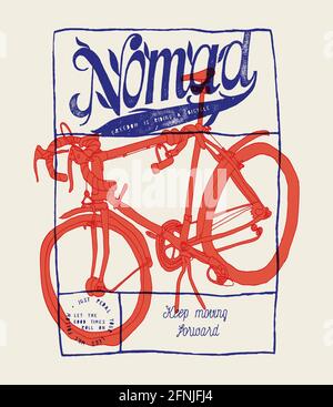 Travel by bicycle. Bicycle nomad doodle drawing t-shirt print. Vintage typography vector illustration. Stock Vector