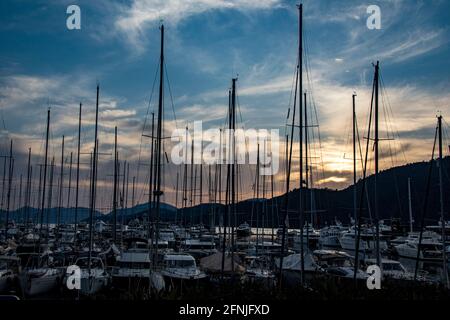 A photo of a scenery that captures lots of boats lined side by side on a coast under the sky. The combination of different shades on the sky leaves a Stock Photo