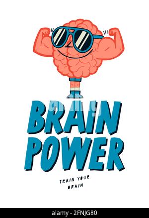 Brain in sunglasses and smiling showing his bodybuilder biceps. Brain power t-shirt print. Stock Vector