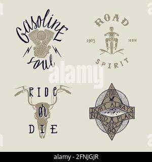 Biker t-shirt design set: gasoline soul - motorcycle engine, road spirit - motorcycle rider, ride or die - cow skull with bike steering bars horns, yo Stock Vector