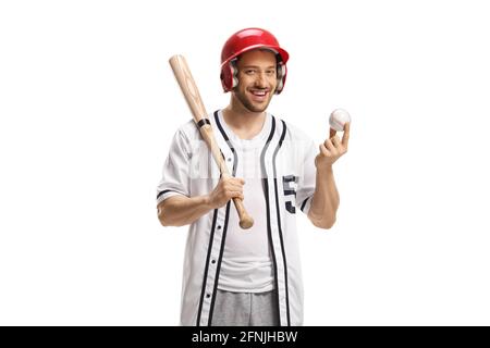 Baseball player with a helmet holding a ball and a bat isolated on white background Stock Photo