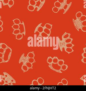 Vintage brass knuckles on red background - old typography seamless vector pattern Stock Vector