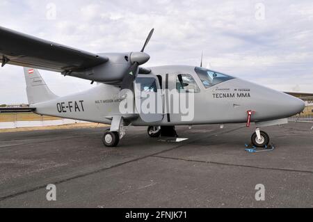 Tecnam P.2006 Multi Mission Aircraft, MMA, OE-FAT on static display at Farnborough International Airshow 2010, UK. P2006 Stock Photo