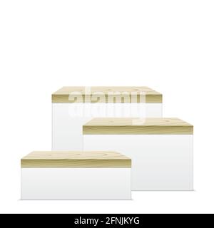 Square form elegant pedestals with wooden covers, for cosmetic, or other product presentation. An abstract, aesthetic scene with cube shape podiums, for object showcasing. Vector podium mockup. Stock Vector