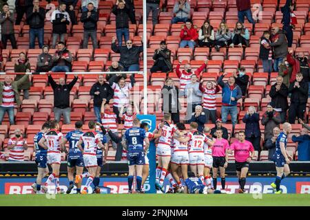 Leigh Sports Village, Lancashire, UK. 17th May, 2021. English Rugby League; Leigh Centurions versus Wigan Warriors; Leigh celebrate a try Credit: Action Plus Sports/Alamy Live News Stock Photo