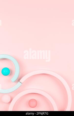 Abstract geometric figures composition. Wooden geometrical shapes and lines on pastel pink background. Top view Stock Photo