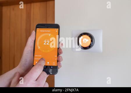 Person controlling temperature on a smart thermostate via an app of a phone Stock Photo