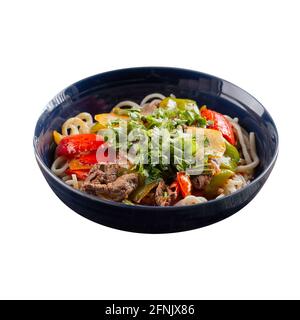 Isolated bowl of oriental lagman noodles dish Stock Photo
