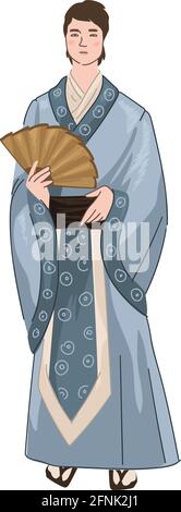 Japanse man wearing traditional kimono holding fan Stock Vector