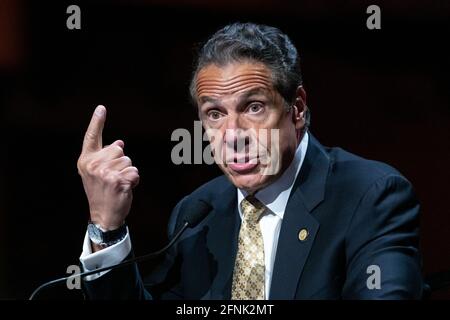 New York, USA. 17th May, 2021. New York Governor Andrew Cuomo talks to reporters at Radio City Music Hall. Governor Cuomo said 'we're going to adopt the CDCs new guidance and regulations on masks and social distancing for vaccinated people. By the CDC guidance, immunocompromised people and vaccinated people should continue to wear a mask and social distance, but if you are vaccinated, you are safe. No masks, no social distancing'. Credit: Enrique Shore/Alamy Live News Stock Photo