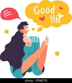 Woman communicating using stickers good and hi Stock Vector