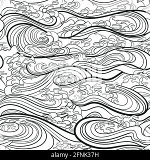 Marine seamless pattern with water waves in oriental style, line art. Stock Vector