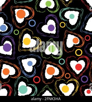 Seamless dark background composed of grunge hearts in rainbow colors Stock Vector