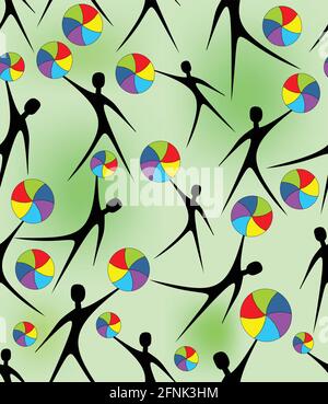 Seamless summer background with figures playing ball on the green area Stock Vector