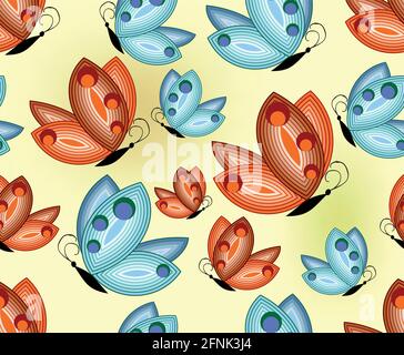 Stylized butterflies in orange and blue on seamless beige background Stock Vector