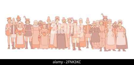Medieval crowd people. A collection of cute funny male and female characters for a fairy tale background. Muted color vector illustration in a flat Stock Vector
