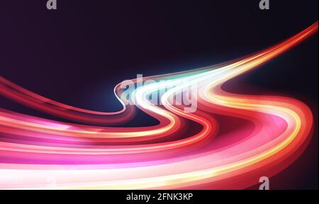 Waves curves of light trail, long exposure effect vector illustration. City transport cars drive and move on abstract highway with glowing shiny lights, traffic evening way glows on dark background Stock Vector
