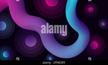 Curved pink blue pipe and circles on dark vector illustration. Stock Vector