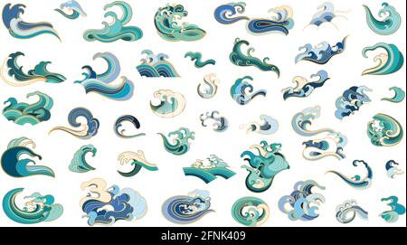Set of vector elements of oriental waves Stock Vector