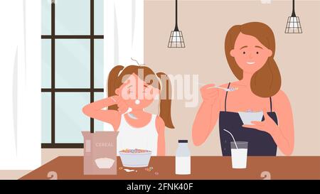 Happy family people eat breakfast food vector illustration. Cartoon young funny mother, cute girl daughter characters eating healthy morning meal, sitting at table together in home kitchen background Stock Vector