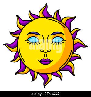 Magic bohemian sun. Mystic, alchemy, spirituality, tattoo art. Stock Vector