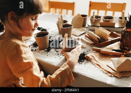 6 years old girl planting herbs at home Stock Photo