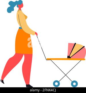 Woman walking with pram, mom with kid in buggy Stock Vector