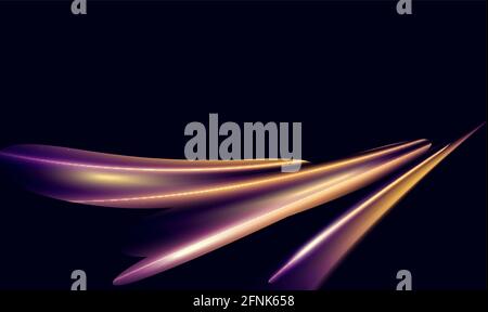 Speed motion abstract light effect at night vector illustration. Magic neon smooth glowing track lines, blurry bright long exposure car trail of dynamic speed city road, movement on black background Stock Vector