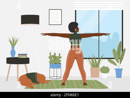 Sport fitness workout at home vector illustration. Cartoon active young sportive woman character in sportswear training, doing gymnastic exercise, practicing gymnastics in home interior background Stock Vector