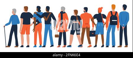 People crowd stand back together vector illustration set. Cartoon diverse group of adult man woman characters standing in row, backside diversity community crowd of different ages isolated on white Stock Vector