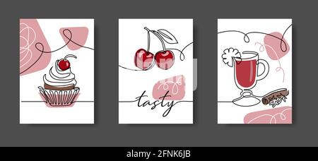 Cafe wall line art decoration. Cherry, cupcake, drink. Set of vector illustrations, one continuous line decoration for kitchen or cafe Stock Vector