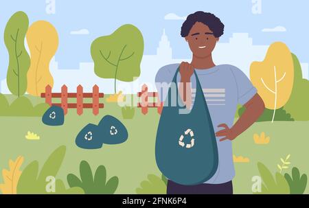 Save environment, clean park, garden vector illustration. Cartoon happy young man character holding garbage bag with recycling sign, teen volunteer collecting trash rubbish in green nature background Stock Vector