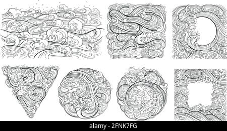 A set of vector contour elements, templates on the theme of waves in an oriental style. Stock Vector