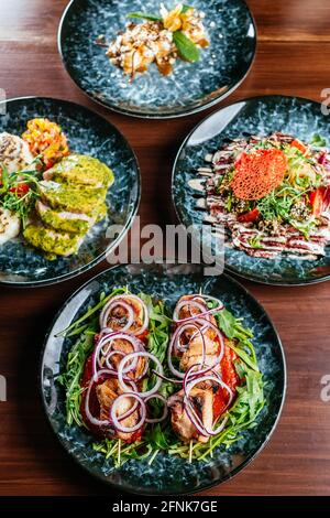meat and vegetables on a plate. menu. top view Stock Photo