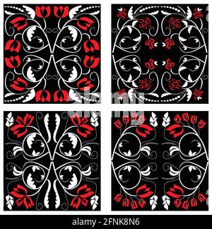 A set of symmetric geometric folklore designed tiles in red and black Stock Vector