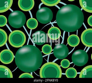 Seamless abstract dark background with green balls and circles on the black area Stock Vector