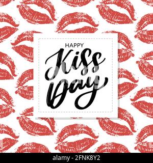 Kiss me greeting card, poster with pink hand drawn watercolor lips. Vector background with ink hand lettering. Stock Vector