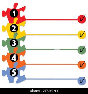 Graphical presentation of the working process in five steps with puzzle elements Stock Vector