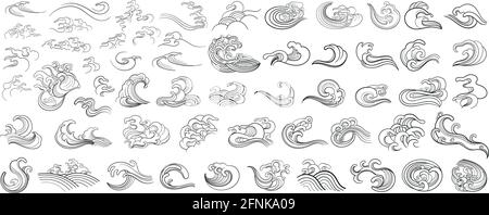 Set of vector contour elements of oriental waves Stock Vector