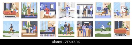 Young man daily lifestyle routine vector illustration set. Cartoon everyday life scenes of male character doing sports exercises in morning, drinking coffee, traveling to work, resting with friends Stock Vector