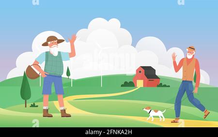 Old people greet vector illustration. Cartoon elderly man villager characters greeting and waving, male pet owner walking dog in village summer landscape with road, houses and windmills background Stock Vector