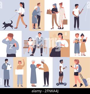 People in lifestyle activity scenes vector illustration set. Cartoon active happy woman man walk dog, listen to music and hold fishing rod, fashion girl shopping, elderly male character giving flowers Stock Vector