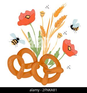 Pretzels with ears, poppy flowers and other plants elements, flat vector illustration isolated on white background. Traditional pretzel or bretzel for Stock Vector