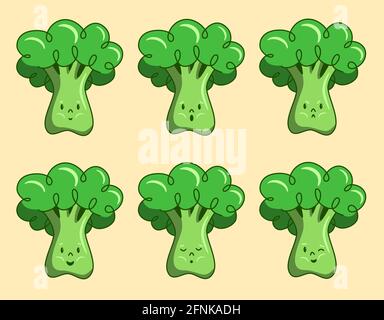 Broccoli emotions collection, joy sadness anger, face character portrait humanized broccoli. Set of emotional green cabbage broccoli vector illustrati Stock Vector