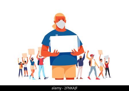 Protester man holding empty banner. Activist protesting, political meeting, strike human rights. Parade, picket and strike. Cartoon character flat Stock Vector