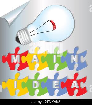 Presentation slide main idea with puzzle elements and bulb on the gradient paper with rolled edge Stock Vector