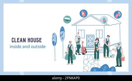 Professional cleaning service website or landing page banner template with janitors and cleaners characters. Cleaning house and backyard, garden maint Stock Vector